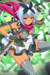 Rule 34 | 1girl, afterimage, blue hair, blush, bow, breasts, closed mouth, dress, dual wielding, grey thighhighs, hair bow, holding, holding weapon, irma (queen&#039;s blade), irma (queen&#039;s blade unlimited), medium breasts, official art, pink eyes, queen&#039;s blade, queen&#039;s blade unlimited, queen&#039;s blade white triangle, scarf, short dress, short hair, short sword, skindentation, solo, sword, tan, thighhighs, weapon
