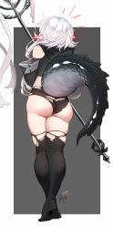 Rule 34 | 1girl, arknights, artist name, ass, black legwear, black panties, black shirt, black sleeves, blush, border, butt crack, crocodilian tail, detached sleeves, ear blush, from behind, full body, grey background, highres, outside border, panties, peigi1045, pointy ears, shirt, simple background, solo, standing, tail, thighs, tomimi (arknights), torn clothes, torn legwear, torn panties, underwear, white border, white hair