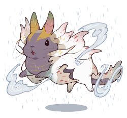 Rule 34 | amatsumagatsuchi, animal, animal focus, black rabbit (animal), chimera, cloud, commentary request, floating, full body, highres, horns, ikuchi osutega, midair, monster hunter (series), no humans, open mouth, rabbit, rain, simple background, solo, white background, wings