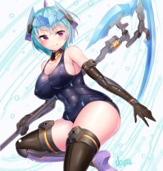 Rule 34 | 10s, 1girl, artist name, black gloves, black thighhighs, blue hair, blush, breasts, cleavage, covered erect nipples, doyouwantto, elbow gloves, frame arms girl, gloves, headgear, hraesvelg, hresvelgr, large breasts, mecha musume, one-piece swimsuit, purple eyes, school swimsuit, scythe, short hair, smile, solo, stylet, swimsuit, thighhighs