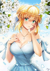 Rule 34 | 1girl, ahoge, alternate costume, aqua eyes, artoria pendragon (all), artoria pendragon (fate), bare shoulders, blonde hair, blue dress, blue ribbon, blush, breasts, cleavage, closed mouth, collarbone, dress, fate/stay night, fate (series), flower, hair bun, hair ribbon, hand on own cheek, hand on own chest, hand on own face, head tilt, highres, jewelry, large breasts, looking at viewer, medium breasts, necklace, noixen, petals, ribbon, saber (fate), short hair, sidelocks, signature, single hair bun, smile, solo, upper body, white flower