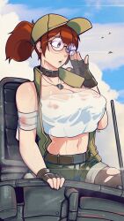 1girl black_gloves blue_sky breasts brown_hair choker cloud covered_erect_nipples day fingerless_gloves fio_germi glasses gloves green_vest hat highres large_breasts metal_slug midriff navel nemuordinary ponytail see-through_clothes shorts sky solo vest wet wet_clothes