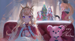 Rule 34 | 4girls, absurdres, betabeet, black gloves, blonde hair, blue eyes, blush, breasts, brown gloves, cagliostro (granblue fantasy), cape, christmas tree, clarisse (granblue fantasy), cleavage, closed eyes, closed mouth, commentary, crown, cup, dress, english commentary, facing viewer, fake beard, fake facial hair, gloves, granblue fantasy, grey hair, hands on own hips, hands up, hat, highres, holding, holding cup, long hair, long sleeves, looking ahead, looking at another, merry christmas, mireille (granblue fantasy), multiple girls, own hands together, pointing, pointing at another, ponytail, purple hair, red cape, red dress, red headwear, red sweater, risette (granblue fantasy), santa hat, sidelocks, small breasts, smile, stuffed animal, stuffed toy, sweater, teddy bear, upper body, very long hair