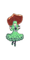 Rule 34 | 1girl, absurdres, anuken, black background, character request, check character, check copyright, copyright request, dress, full body, green dress, green hair, hat, highres, holding, holding umbrella, long sleeves, looking at viewer, pantyhose, parasol, personification, purple eyes, shoes, simple background, solo, umbrella