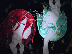 Rule 34 | 2others, androgynous, bad id, bad pixiv id, cinnabar (houseki no kuni), closed eyes, copyright name, crystal hair, dark background, gem uniform (houseki no kuni), green hair, hair between eyes, highres, houseki no kuni, long bangs, looking at another, multiple others, necktie, phosphophyllite, red eyes, red hair, sad, short hair, ufufuahaha okg, upper body