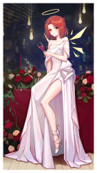 Rule 34 | 1girl, absurdres, alcohol, alternate costume, alternate hairstyle, arknights, bare legs, bare shoulders, champagne flute, commentary request, cup, dress, drinking glass, exusiai (arknights), flower, halo, high heels, highres, holding, holding cup, looking at viewer, off-shoulder dress, off shoulder, red eyes, red flower, red hair, red rose, rose, short hair, sitting, smile, solo, thighs, toyzz (wanjuww), white dress, white footwear, wine