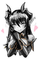 Rule 34 | 1girl, bare shoulders, blush, breasts, closed mouth, cowfee, demon (monster girl encyclopedia), demon girl, demon horns, ear wiggle, elbow gloves, closed eyes, gloves, hair between eyes, happy, heart, horns, long hair, monster girl, monster girl encyclopedia, own hands together, pointy ears, simple background, sketch, smile, solo, upper body, white background