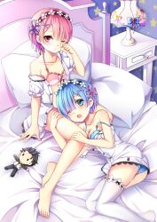 Rule 34 | 2girls, absurdres, alternate costume, bare legs, barefoot, blouse, blue bra, blue hair, bra, breasts, commentary request, embarrassed, eyes visible through hair, feet, foot out of frame, gyaza, hair ornament, hair over one eye, hairband, highres, hugging own legs, legs, looking at viewer, lying, lying on lap, medium breasts, multiple girls, no shoes, objectification, on side, one eye closed, open clothes, open mouth, open shirt, panties, photoshop (medium), pink bra, pink eyes, pink hair, pink panties, puffy short sleeves, puffy sleeves, ram (re:zero), re:zero kara hajimeru isekai seikatsu, rem (re:zero), shirt, short hair, short sleeves, siblings, sisters, sitting, small breasts, strap slip, thighhighs, thighs, toenails, toes, twins, underwear, white shirt, white thighhighs, x hair ornament