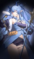 Rule 34 | 1girl, 9 vcat, absurdres, arknights, bangle, black shorts, blue dress, blue hair, bracelet, coat, cup, dragon girl, dragon horns, dragon tail, dress, earrings, gourd, highres, holding, holding cup, holding gourd, holding weapon, horns, jewelry, ling (arknights), ling (towering is cliff of nostalgia) (arknights), looking at viewer, open clothes, open coat, pointy ears, purple eyes, shorts, tail, weapon