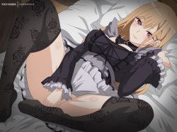 Rule 34 | 1girl, barbell piercing, bed, bed sheet, between legs, black dress, black thighhighs, blonde hair, blush, breasts, closed mouth, cosplay, covering privates, covering crotch, cushion, dress, ear piercing, earrings, eufoniuz, female focus, floral print, frilled dress, frilled sleeves, frills, gothic lolita, hair behind ear, hair between eyes, hand between legs, highres, holding cushion, industrial piercing, jewelry, kitagawa marin, kuroe shizuku, lolita fashion, long hair, long sleeves, looking at viewer, medium breasts, multiple earrings, multiple piercings, no panties, piercing, red eyes, shiny skin, smile, solo, sono bisque doll wa koi wo suru, spread legs, straight hair, stud earrings, thighhighs, thighs