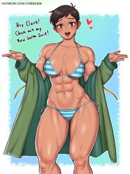 Rule 34 | 1girl, abs, alternate breast size, bikini, blush, breasts, brown eyes, brown hair, cheekie, dc comics, english text, heart, jacket, large breasts, lois lane, muscular, muscular female, my adventures with superman, open clothes, open jacket, open mouth, short hair, solo, superman (series), swimsuit