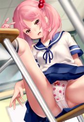 Rule 34 | &gt;:o, 1girl, :o, blue ribbon, blue skirt, blurry, blurry background, blush, bow, bow panties, breasts, chair, desk, dutch angle, food print, from below, indoors, kantai collection, leg up, long hair, looking at viewer, looking down, miniskirt, open mouth, panties, pantyshot, partially visible vulva, pink eyes, pink hair, print panties, red bow, ribbon, sazanami (kancolle), school chair, school desk, school uniform, serafuku, shirt, sitting, skirt, small breasts, solo, spread legs, strawberry panties, strawberry print, stuffed animal, stuffed rabbit, stuffed toy, thighs, two side up, underwear, upskirt, v-shaped eyebrows, white shirt, yumeki