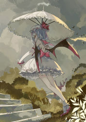 Rule 34 | 1girl, azling, bat wings, blue hair, bow, bush, cattail, cloud, detached sleeves, dress, frilled dress, frilled umbrella, frills, from behind, hat, hat ribbon, highres, looking down, mob cap, outstretched arm, plant, rain, red ribbon, remilia scarlet, ribbon, scarlet devil mansion, shoes, short hair, solo, stairs, touhou, umbrella, wings