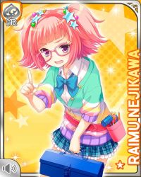 Rule 34 | 1girl, asymmetrical legwear, belt, blue bow, bow, cardigan, character name, girlfriend (kari), glasses, hair ornament, hammer, looking at viewer, medium hair, mismatched legwear, nejikawa raimu, official art, pink belt, pink hair, pocket, pointing, pointing up, purple eyes, qp:flapper, robot, roller skates, shoes, skates, sneakers, solo, standing, tagme, toolbox, tools, twintails, yellow background