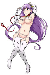 Rule 34 | 1girl, :o, absurdly long hair, animal costume, animal print, arms up, bell, blush, boots, bra, breasts, chinese zodiac, collar, cow costume, cow print, cow print bikini, deno (denomina0), ear tag, elbow gloves, fire emblem, fire emblem: the binding blade, fire emblem heroes, full body, garter straps, gloves, groin, high heels, highres, large breasts, lingerie, long hair, looking down, navel, neck bell, nintendo, panties, print bikini, purple eyes, purple hair, side-tie panties, simple background, solo, sophia (fire emblem), thigh boots, thighhighs, underwear, very long hair, white background, year of the ox