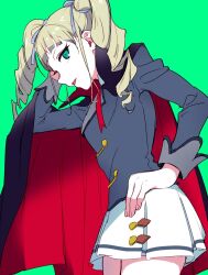 Rule 34 | 1girl, aikatsu!, aikatsu! (series), arm up, bad id, bad twitter id, blonde hair, blue jacket, blunt bangs, cape, cowboy shot, drill hair, fang, green background, green eyes, hair ribbon, hand on own hip, highres, jacket, long hair, long sleeves, looking at viewer, open mouth, pleated skirt, red cape, ribbon, school uniform, shiontaso, simple background, skirt, solo, standing, starlight academy school uniform, todo yurika, twin drills, twintails, white skirt