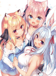 Rule 34 | 3girls, animal ear fluff, animal ears, bare shoulders, black ribbon, blonde hair, blue dress, blush, boku no risou no isekai seikatsu, breasts, cat ears, collarbone, commentary request, dress, fang, flat chest, fox ears, hair between eyes, hair ribbon, holding hands, large breasts, light particles, long hair, long sleeves, looking at viewer, multiple girls, neck ribbon, off-shoulder shirt, off shoulder, open mouth, original, pink hair, rabbit ears, red ribbon, ribbon, sazaki ichiri, shirt, sidelocks, silver hair, simple background, skin fang, small breasts, smile, spaghetti strap, twintails, upper body, white background, white shirt