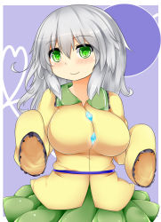 Rule 34 | 1girl, blush, breasts, commentary request, female focus, green hair, komeiji koishi, large breasts, looking at viewer, miniskirt, no headwear, no headwear, revision, silver hair, skirt, sleeves past wrists, smile, solo, symbol-shaped pupils, touhou, us2s