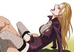 Rule 34 | 1girl, arm support, blonde hair, blue eyes, blush, breasts, cleavage, clothed female nude male, clothing aside, fishnet thighhighs, fishnets, from side, garter straps, glasses, gloves, kalifa (one piece), kyabakurabakufu, large breasts, legs, long hair, lying, nude, one piece, open mouth, panties, panties aside, sex, simple background, thighhighs, thighs, two-tone background, underwear, vaginal