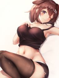 Rule 34 | 1girl, ;3, animal ears, armpits, bad id, bad twitter id, bare shoulders, black shirt, black shorts, black thighhighs, blouse, blush, bone hair ornament, breasts, brown eyes, brown hair, brown thighhighs, camisole, cleavage, closed mouth, collarbone, commentary request, crop top, dog ears, dog girl, dolphin shorts, dutch angle, hair ornament, hand on own chest, highres, hololive, inugami korone, kisaki oni, knee up, large breasts, looking at viewer, lying, midriff, navel, on back, one eye closed, revision, shirt, short hair, short shorts, shorts, single thighhigh, sleeveless, sleeveless shirt, smile, solo, stomach, tank top, thighhighs, virtual youtuber