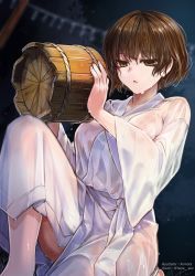 Rule 34 | 1girl, absurdres, breasts, brown eyes, brown hair, bucket, commission, copyright request, highres, holding, komota (kanyou shoujo), large breasts, long sleeves, on one knee, parted lips, short hair, sitting, skeb commission, solo, wet, wet clothes, wet hair, wide sleeves, wooden bucket