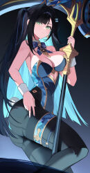 1girl abigail_(black_survival) absurdres animal_ears asame_(asame47) ass bare_shoulders black_hair black_survival blue_hair blue_leotard blush breasts cleavage closed_mouth colored_inner_hair commentary_request eternal_return:_black_survival fake_animal_ears green_eyes highres holding_trident korean_commentary large_breasts leotard light_blue_hair long_hair looking_at_viewer multicolored_hair playboy_bunny rabbit_ears rabbit_tail solo strapless strapless_leotard tail two-tone_hair very_long_hair white_wrist_cuffs wrist_cuffs