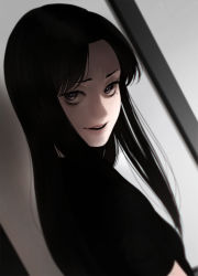 Rule 34 | 1girl, aconitea, bad id, bad pixiv id, black eyes, black hair, blurry, depth of field, dutch angle, eyelashes, highres, junji ito (series), kawakami tomie, long hair, looking at viewer, mole, mole under eye, parted bangs, parted lips, short sleeves, smile, solo, tomie, upper body