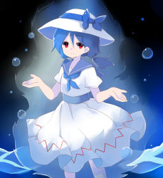 Rule 34 | 1girl, alternate color, aura, blouse, blue hair, blue neckerchief, blue sailor collar, closed mouth, cocoa (cocoa1qld), commentary request, cowboy shot, ellipsis (mitei), hat, highres, louise (touhou), low twintails, medium hair, neckerchief, red eyes, sailor collar, shirt, short sleeves, skirt, smile, sun hat, touhou, touhou (pc-98), transformation, twintails, white headwear, white shirt, white skirt