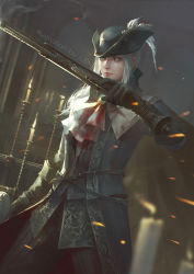Rule 34 | 1girl, artist name, ascot, black gloves, black hat, blood, blood on clothes, bloodborne, blurry, blurry background, brown pants, candle, candlelight, cloak, commentary, facing viewer, feathers, gloves, grey hair, gun, hand up, hat, hat feather, highres, holding, indoors, jlien-, lady maria of the astral clocktower, long hair, pants, ponytail, solo, striped clothes, striped pants, tricorne, weapon, white hair