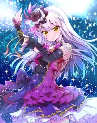Rule 34 | 1girl, arm up, bang dream!, black flower, black rose, blue flower, blue rose, bow, commentary request, detached sleeves, dress, flower, hair between eyes, hair flower, hair ornament, head tilt, hinata momo, holding, holding microphone, lace-trimmed sleeves, lace trim, long hair, long sleeves, looking at viewer, microphone, minato yukina, parted lips, purple bow, purple dress, rose, silver hair, sleeveless, sleeveless dress, sleeves past wrists, solo, sparkle, very long hair, yellow eyes