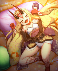 Rule 34 | 1girl, bare shoulders, barefoot, blonde hair, breasts, character doll, closed eyes, commentary request, doll, drooling, earrings, facial mark, fate/grand order, fate (series), fingernails, floral print, food, food print, foot out of frame, forehead mark, highres, holding, holding doll, horns, ibaraki douji (fate), japanese clothes, jewelry, kimono, long hair, lying, macaron, obi, on back, oni, open mouth, otomix, panties, pillow, pointy ears, sash, sharp fingernails, shuten douji (fate), skin-covered horns, sleeping, small breasts, smile, solo, tattoo, underwear, white panties, wide sleeves, yellow eyes, yellow kimono