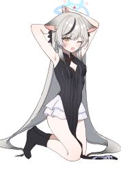 Rule 34 | 1girl, absurdres, animal ears, arm behind head, arms up, black dress, black hair, black socks, blue archive, blue halo, breasts, cleavage cutout, clothing cutout, daredattakke, dress, grey hair, halo, highres, kneeling, kokona (blue archive), long hair, looking at viewer, multicolored hair, no shoes, one eye closed, open mouth, pelvic curtain, simple background, sleeveless, sleeveless dress, small breasts, socks, solo, streaked hair, very long hair, white background, yellow eyes