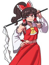 Rule 34 | alternate hairstyle, ascot, black eyes, black hair, blunt bangs, bow, closed mouth, commentary, detached sleeves, eddybird55555, english commentary, gohei, hair bow, hair tubes, hakurei reimu, hand on own hip, highres, holding, ponytail, red bow, red shirt, red skirt, ribbon-trimmed sleeves, ribbon trim, sarashi, shirt, sidelocks, simple background, skirt, smile, touhou, white background, yellow ascot