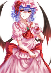 Rule 34 | 1girl, absurdres, ascot, bad id, bad pixiv id, bat wings, blood, blood on hands, blue hair, brooch, clothes lift, cowboy shot, frilled shirt collar, frilled sleeves, frills, hat, hat ribbon, highres, jewelry, lifting own clothes, looking at viewer, mob cap, pink shirt, pink skirt, puffy short sleeves, puffy sleeves, red eyes, red ribbon, remilia scarlet, ribbon, sash, sheya, shirt, short hair, short sleeves, skirt, skirt lift, skirt set, smile, solo, touhou, white background, wings, wrist cuffs
