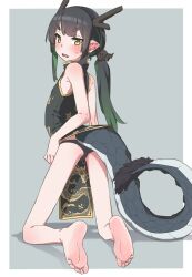 Rule 34 | 1girl, akari (raigou), bare shoulders, barefoot, black dress, black hair, black hairband, black panties, blush, border, china dress, chinese clothes, chinese zodiac, commentary request, dragon horns, dragon print, dragon tail, dress, fang, feet, female focus, from behind, full body, green hair, grey background, hairband, high collar, highres, horns, kneeling, long hair, looking at viewer, looking back, original, panties, parted lips, ponytail, raigou, sidelocks, skin fang, sleeveless, sleeveless dress, soles, solo, tail, toes, underwear, white border, year of the dragon, yellow eyes