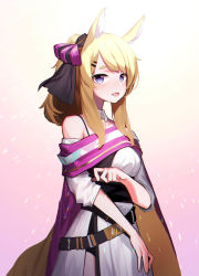 Rule 34 | 1girl, :d, absurdres, animal ears, arknights, bare shoulders, belt, beudelb, black belt, blonde hair, blue eyes, bow, bra strap, breasts, commentary request, cowboy shot, detached collar, dress, fang, gradient background, hair bow, highres, korean commentary, long hair, looking at viewer, off-shoulder dress, off shoulder, official alternate costume, open mouth, pink background, ponytail, small breasts, smile, solo, standing, thick eyebrows, whislash (arknights), whislash (glory purple) (arknights), white dress