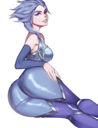 Rule 34 | 1girl, absurdres, artist request, ass, bare shoulders, blue hair, blue thighhighs, bodysuit, breasts, commentary request, frostblade irelia, highres, irelia, league of legends, lips, lying, medium breasts, on side, purple eyes, short hair, signature, simple background, smile, solo, thick thighs, thighhighs, thighs, white background