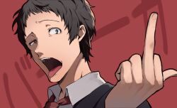 Rule 34 | 1boy, adachi tooru, black hair, black jacket, collared shirt, commentary request, gesugao, grey eyes, half-closed eye, hand up, jacket, looking at viewer, male focus, middle finger, necktie, open mouth, persona, persona 4, raised eyebrow, red background, red necktie, shirt, short hair, solo, teeth, tongue, tongue out, translation request, upper body, upper teeth only, white shirt, yoshino saku
