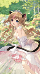 Rule 34 | 1girl, :d, absurdres, alternate costume, bare legs, bare shoulders, beads, blue eyes, blush, bouquet, breasts, brown hair, cat tail, cleavage, day, dress, earrings, elbow gloves, fang, feet out of frame, flower, girls&#039; frontline, gloves, hair ornament, heart, heart earrings, heterochromia, highres, holding, holding bouquet, jewelry, leaf, bridal garter, long dress, long hair, looking at viewer, medium breasts, mk23 (girls&#039; frontline), multicolored hair, open mouth, outdoors, petals, pink eyes, pink flower, pink hair, plant, ribbon, rose, sheska xue, sidelocks, smile, solo, standing, tail, tail ornament, tail ribbon, tiara, tree, two-tone hair, two side up, v arms, wavy hair, wedding dress, white dress, white flower, white gloves