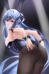 Rule 34 | 1girl, absurdly long hair, absurdres, animal ears, arm strap, ass, azur lane, black leotard, black pantyhose, blue eyes, blue hair, breasts, fake animal ears, from behind, highleg, highleg leotard, highres, huge filesize, large breasts, leotard, long hair, looking at viewer, looking back, nail polish, new jersey (azur lane), new jersey (exhilarating steps!) (azur lane), official alternate costume, oversized breast cup, pantyhose, playboy bunny, rabbit ears, sazuna (user gepn5443), solo, stage lights, strapless, strapless leotard, thighs, very long hair