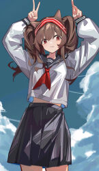 Rule 34 | 1girl, absurdres, alternate hairstyle, angelina (arknights), animal ears, arknights, arms up, black sailor collar, black skirt, blue sky, brown hair, chichi guai, cloud, double v, fox ears, hairband, highres, long hair, long sleeves, looking at viewer, midriff peek, neckerchief, pleated skirt, red eyes, red hairband, red neckerchief, sailor collar, sailor shirt, school uniform, serafuku, shirt, skirt, sky, solo, standing, twintails, v, white shirt