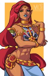 Rule 34 | 1girl, abs, absurdres, artist name, black eyeshadow, blue lips, blue nails, border, circlet, collar, commentary, dark-skinned female, dark skin, earrings, english commentary, eyeshadow, fingernails, gerudo, green eyes, grin, highres, hoop earrings, jewelry, lips, lipstick, long hair, looking at viewer, makeup, midriff, moi yablochki, multiple rings, muscular, muscular female, navel, nintendo, outside border, pointy ears, red hair, ring, seductive smile, smile, solo, stomach, the legend of zelda, the legend of zelda: breath of the wild, urbosa, very long hair, white border, yellow background