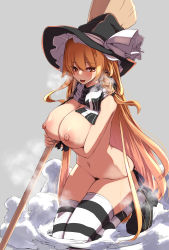 Rule 34 | 1girl, black footwear, black hat, blonde hair, blush, bow, breasts, broom, cleavage, fang, female pubic hair, grey background, hair between eyes, hat, hat bow, highres, holding, holding broom, kirisame marisa, large breasts, long hair, mismatched pubic hair, navel, nipples, open mouth, pubic hair, scarf, shoes, simple background, solo, star-shaped pupils, star (symbol), striped clothes, striped thighhighs, symbol-shaped pupils, textless version, thighhighs, touhou, white bow, witch hat, yellow eyes, yukito (dreamrider)