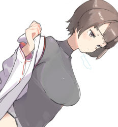 Rule 34 | 1girl, breasts, brown eyes, brown hair, closed mouth, co botan, grey panties, half-closed eyes, highres, hyuuga (kancolle), japanese clothes, kantai collection, large breasts, long sleeves, panties, short hair, simple background, solo, undershirt, underwear, undressing, upper body, white background, wide sleeves