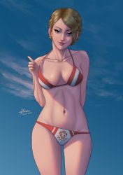 Rule 34 | 1girl, ace combat, ace combat 7: skies unknown, arm behind back, bare shoulders, bikini, biting, blonde hair, blue eyes, braid, breasts, cloud, collarbone, commentary request, cowboy shot, dated, day, imagining, looking at viewer, medium breasts, medium hair, multicolored bikini, multicolored clothes, outdoors, parted lips, princess, red lips, rosa cossette d&#039;elise, seiyunn, smile, solo, standing, swimsuit, teeth, upper teeth only