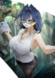 Rule 34 | 1girl, absurdres, armpits, blue eyes, blurry, blurry background, blush, book, breasts, cleavage, collared shirt, hair intakes, highres, holding, holding book, hololive, hololive english, large breasts, open mouth, ouro kronii, pantyhose, pencil skirt, semi-rimless eyewear, shirt, short hair, skirt, sleeveless, sleeveless shirt, sweat, teacher, virtual youtuber, vyragami