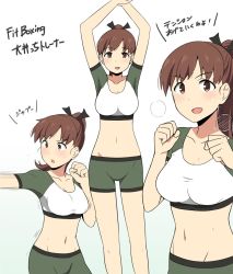 Rule 34 | 1girl, :d, :o, alternate costume, alternate hairstyle, arms up, bad id, bad twitter id, black ribbon, breasts, commentary request, green shorts, hair ribbon, ikari manatsu, kantai collection, large breasts, looking at viewer, midriff, multiple views, navel, ooi (kancolle), open mouth, ponytail, ribbon, shorts, simple background, smile, translation request, white background