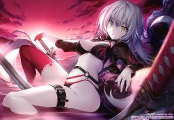 Rule 34 | 1girl, absurdres, bikini, black bikini, breasts, cleavage, cloud, fate/grand order, fate (series), gloves, grin, halterneck, halterneck, highres, huge filesize, jeanne d&#039;arc alter (swimsuit berserker) (fate), jeanne d&#039;arc (fate), jeanne d&#039;arc alter (fate), jeanne d&#039;arc alter (swimsuit berserker) (fate), karory, katana, knee up, large breasts, leg belt, long hair, long sleeves, looking at viewer, navel, o-ring, o-ring bikini, red sky, red thighhighs, scan, shrug (clothing), silver hair, single glove, single thighhigh, sitting, sky, smile, solo, sunlight, sunset, swimsuit, sword, thighhighs, v-shaped eyebrows, very long hair, water, weapon, yellow eyes