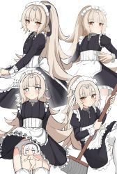 Rule 34 | 1girl, absurdres, alternate costume, apron, azur lane, black dress, black ribbon, blush, censored, character censor, closed mouth, commentary request, dress, enmaided, flying sweatdrops, frilled apron, frills, garter belt, groin, hair ribbon, headpiece, high ponytail, highres, holding, juliet sleeves, light brown hair, long hair, long sleeves, maid, maid headdress, mole, mole under eye, mop, moyoron, multiple views, novelty censor, ponytail, puffy sleeves, ribbon, simple background, sirius (azur lane), thighhighs, translation request, very long hair, waist apron, wavy mouth, white apron, white background, white thighhighs, z46 (azur lane)