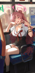 1girl absurdres black_choker black_footwear black_hair black_horns black_skirt blue_archive blush bracelet breasts building bus bus_interior choker cleavage collarbone commentary fake_horns fingernails halo highres horn_hairband horns jewelry kirara_(blue_archive) large_breasts long_fingernails long_hair looking_at_viewer loose_neck_ribbon motor_vehicle nail_polish neck_ribbon necklace open_mouth pencil_skirt pink_eyes pink_hair pink_halo pink_nails red_ribbon ribbon shirt silvertsuki sitting skirt smile socks solo thigh_strap thighs v white_shirt white_socks